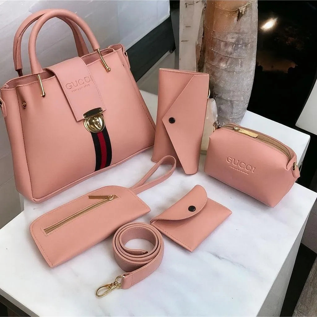 Maroon 5-Piece Rexine Handbag Set for Girls